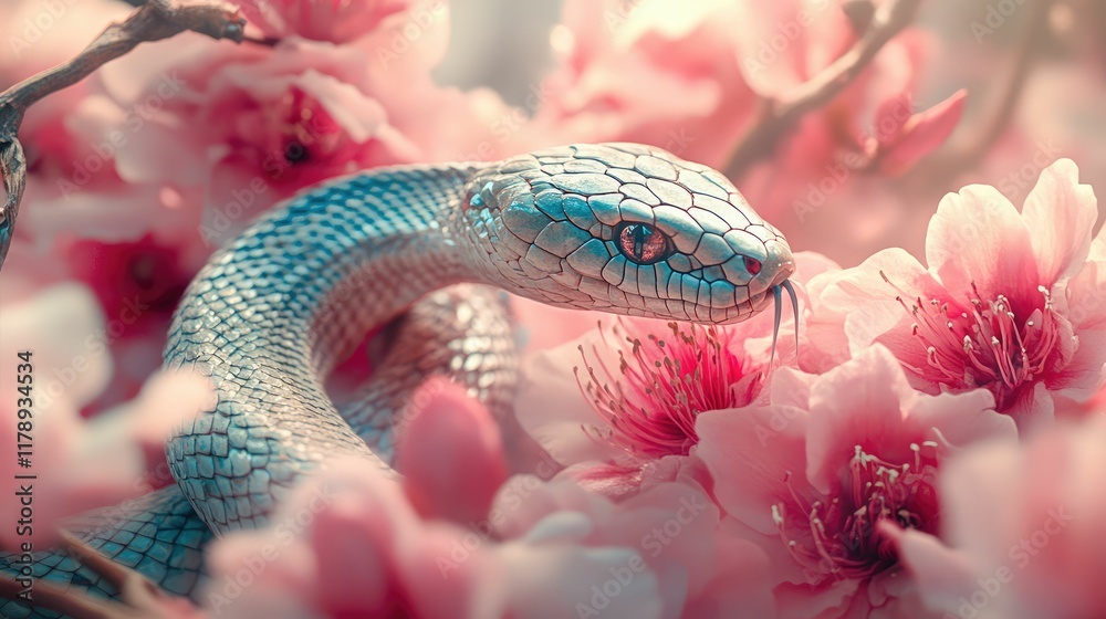 Fototapeta premium snake wriggling in the bushes of flowers