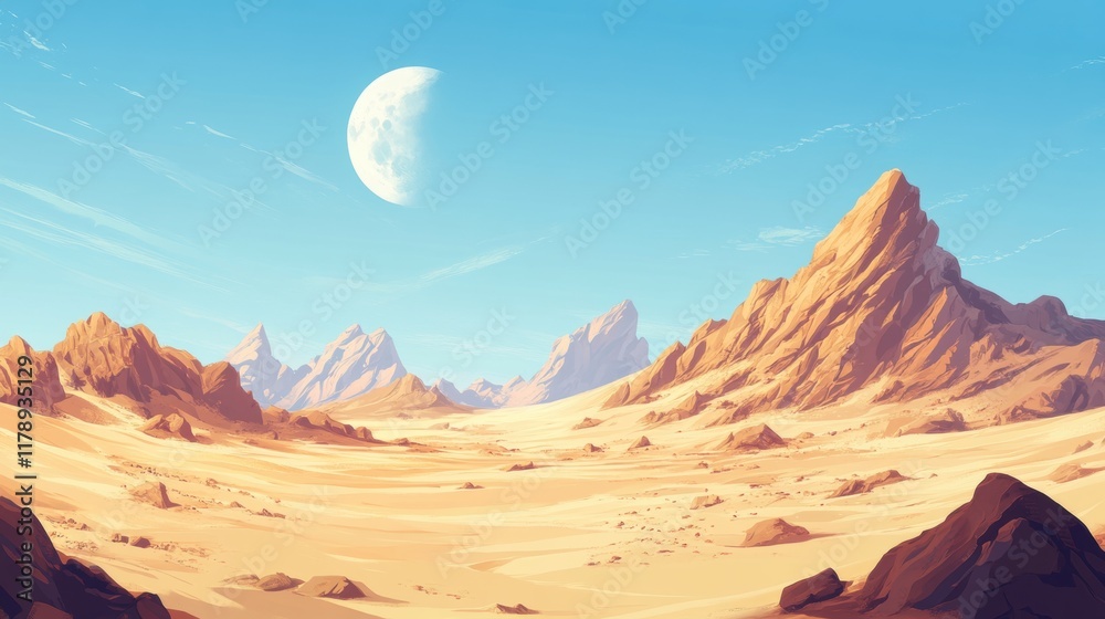 Naklejka premium Serene Desert Dunes, tranquil sandy hills undulate under a clear blue sky, evoking a sense of calm and solitude in a vast arid expanse