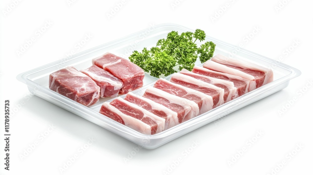 Packaged pork belly Fresh cuts of meat with herbs on a white tray. Packaged pork belly Fresh cuts of meat with herbs on a white tray.