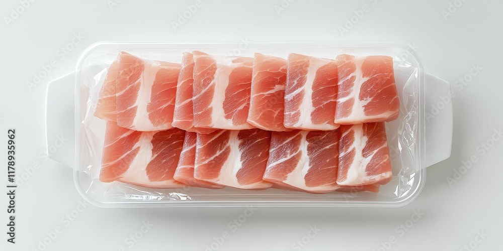 Packaged pork belly Sliced meat arranged in a plastic packaging tray. Packaged pork belly Sliced meat arranged in a plastic packaging tray.