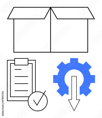 Open box, checklist with tick mark, and gear with downward arrow in blue. Ideal for logistics, supply chain, productivity, task management, organization, workflow abstract line flat metaphor