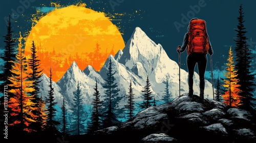 Woman hiker with backpack stands on mountain peak at sunset, looking at snowy mountain range. photo