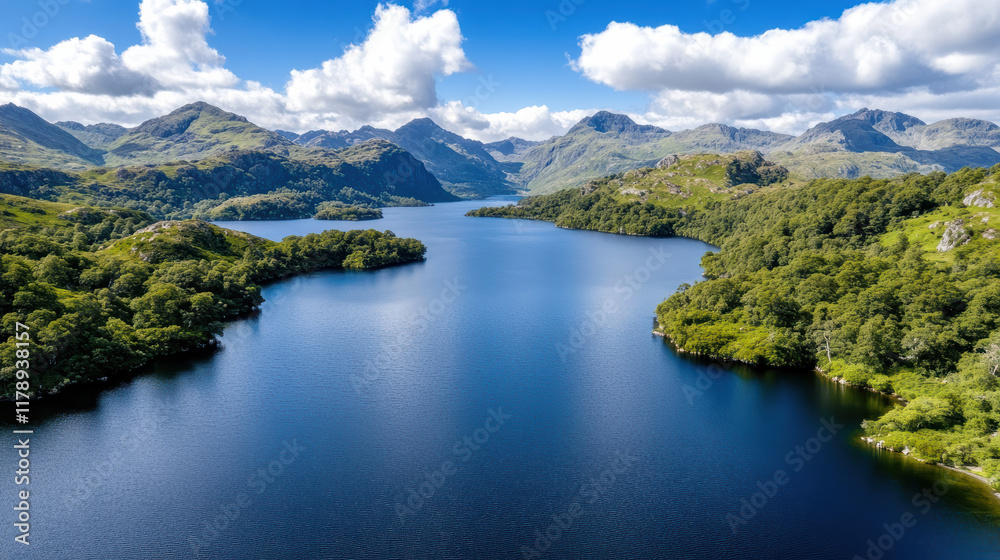 serene lake surrounded by lush mountains and blue skies serene lake surrounded by lush mountains and blue skies