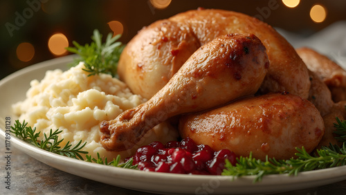 Festive holiday dinner recipes. Perfect turkey with mashed potatoes. Delicious cranberry sauce ideas. Ultimate holiday feast inspiration. photo