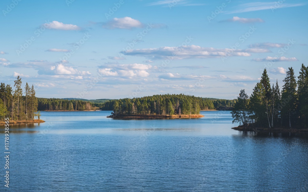 Fototapeta premium Masurian Lake District Serenity, Poland Calm lake with small wooded islands under a blue sky.