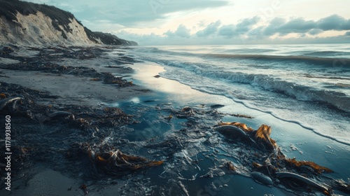 Polluted Shoreline with Oil Slicks and Marine Life Casualties, a stark reminder of environmental degradation and the impact of pollution on ecosystems