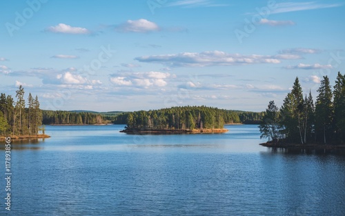 Masurian Lake District Serenity, Poland Calm lake with small wooded islands under a blue sky. photo