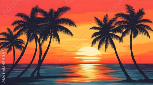 tropical sunset beach palm trees silhouette - vibrant color palettes