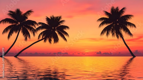tropical sunset: palm trees silhouette - warm color palettes (orang.