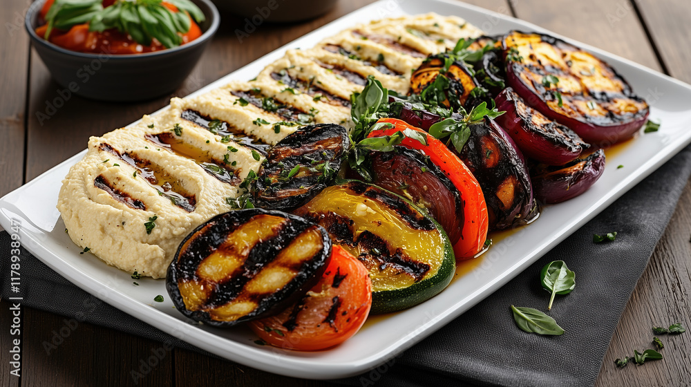 Grilled vegetables and hummus on platter, vibrant and delicious Grilled vegetables and hummus on platter, vibrant and delicious