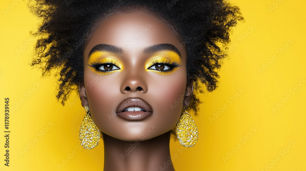 model showcasing glamorous makeup look with bold yellow accents model showcasing glamorous makeup look with bold yellow accents