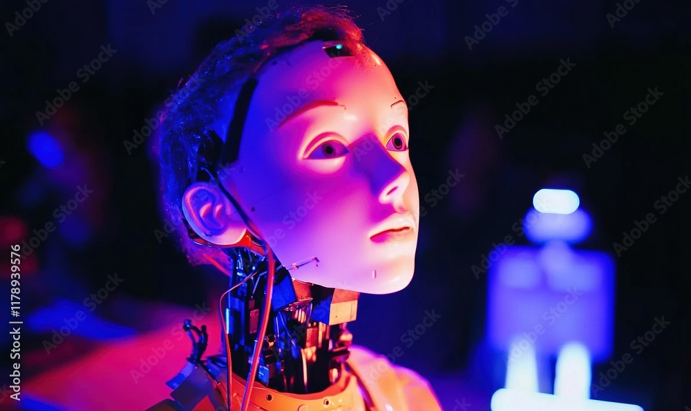Robot head with sensors in dark tech lab, illuminated in pink & blue, another robot blurred in background. Robot head with sensors in dark tech lab, illuminated in pink & blue, another robot blurred in background.