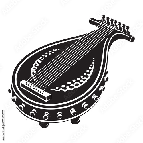 Dulcimer Silhouette Vector Illustration, Solid White Background.