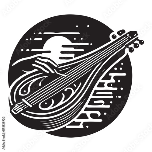 Dulcimer Silhouette Vector Illustration, Solid White Background.