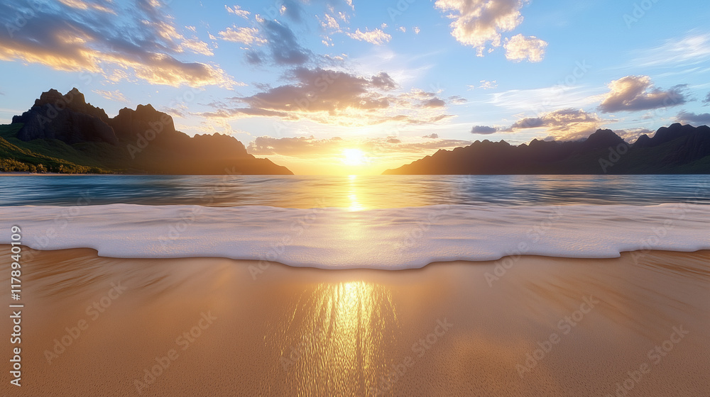 Fototapeta premium Tranquil beach at sunset with gentle waves and mountains in background