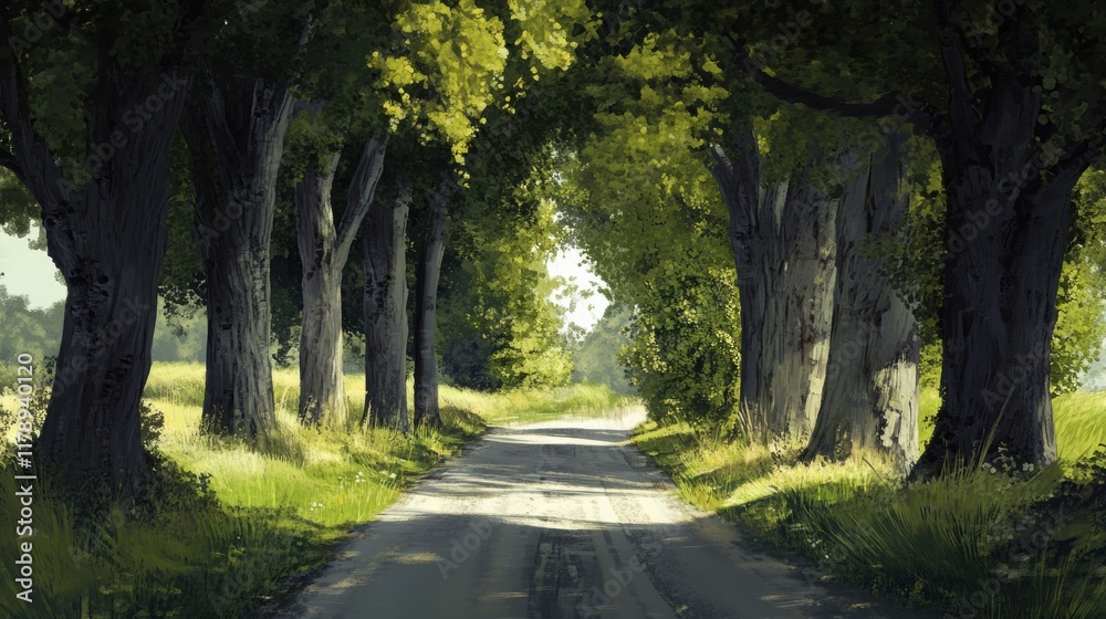 Naklejka premium Serene Countryside Pathway, a tranquil road bordered by ancient trees, inviting peaceful strolls through nature's embrace, perfect for contemplation.