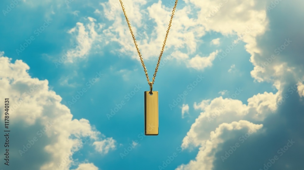 Minimalist gold necklace with a sleek design, placed on a sky blue background, exuding simplicity and style. Minimalist gold necklace with a sleek design, placed on a sky blue background, exuding simplicity and style.