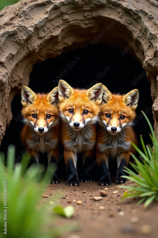Obraz premium Four little red fox cubs peeking out of den entrance, fox family, foxes, pets in the wild
