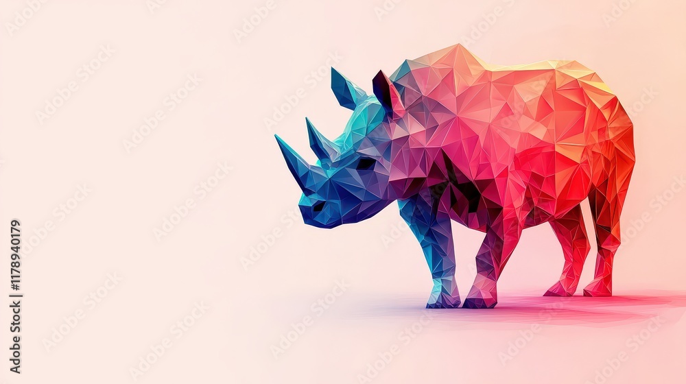 Obraz premium A colorful, geometric representation of a rhinoceros against a soft background, showcasing modern digital art techniques.