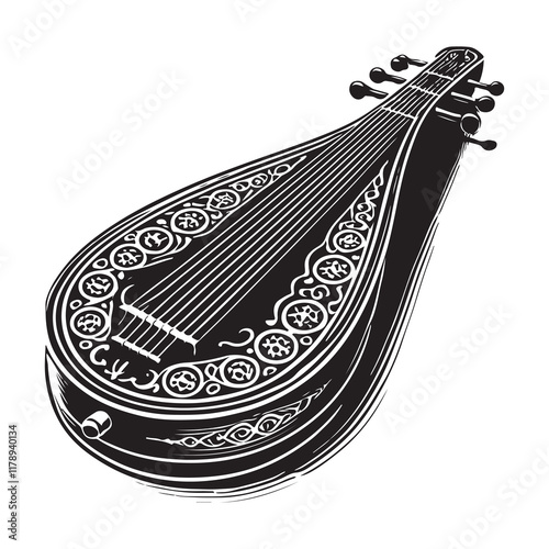 Dulcimer Silhouette Vector Illustration, Solid White Background.