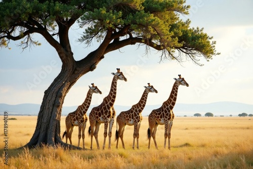 Four giraffes standing together under a shaded tree branch in South African savannah, enjoying the cool breeze , nature, branch, giraffes photo