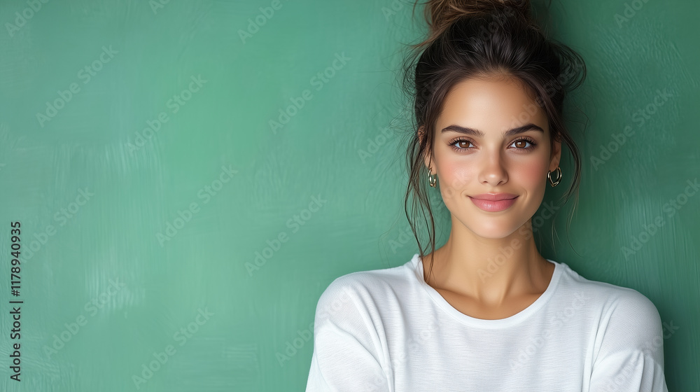 smiling woman with long hair poses against green background smiling woman with long hair poses against green background