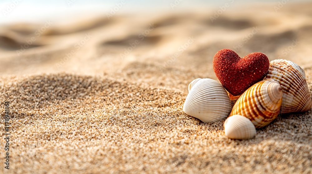 Artfully crafted heart shaped made from seashells sit on a sandy beach creating a romantic coastal atmosphere This still life composition captures a serene and sentimental seaside scene Artfully crafted heart shaped made from seashells sit on a sandy beach creating a romantic coastal atmosphere This still life composition captures a serene and sentimental seaside scene