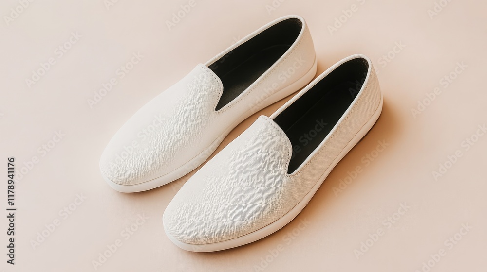 Fototapeta premium Modern loafers on a light beige background, highlighting their smooth texture.