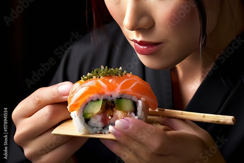 woman eating sushi a close up of a woman holding a piece of sush photo