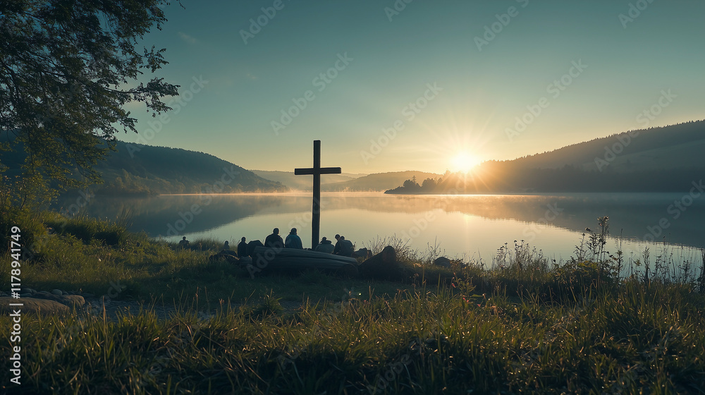 Obraz premium An Easter Sunday sunrise by the lake, with a wooden cross on a hill and the first light reflecting on the water. A small group of people gathers in silent prayer, symbolizing resurrection and renewal