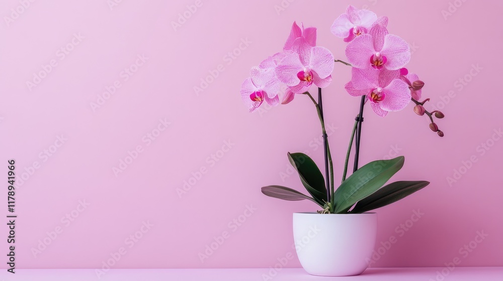 Pink orchid in a white pot, centered on a soft lavender background with a minimalist aesthetic. Pink orchid in a white pot, centered on a soft lavender background with a minimalist aesthetic.