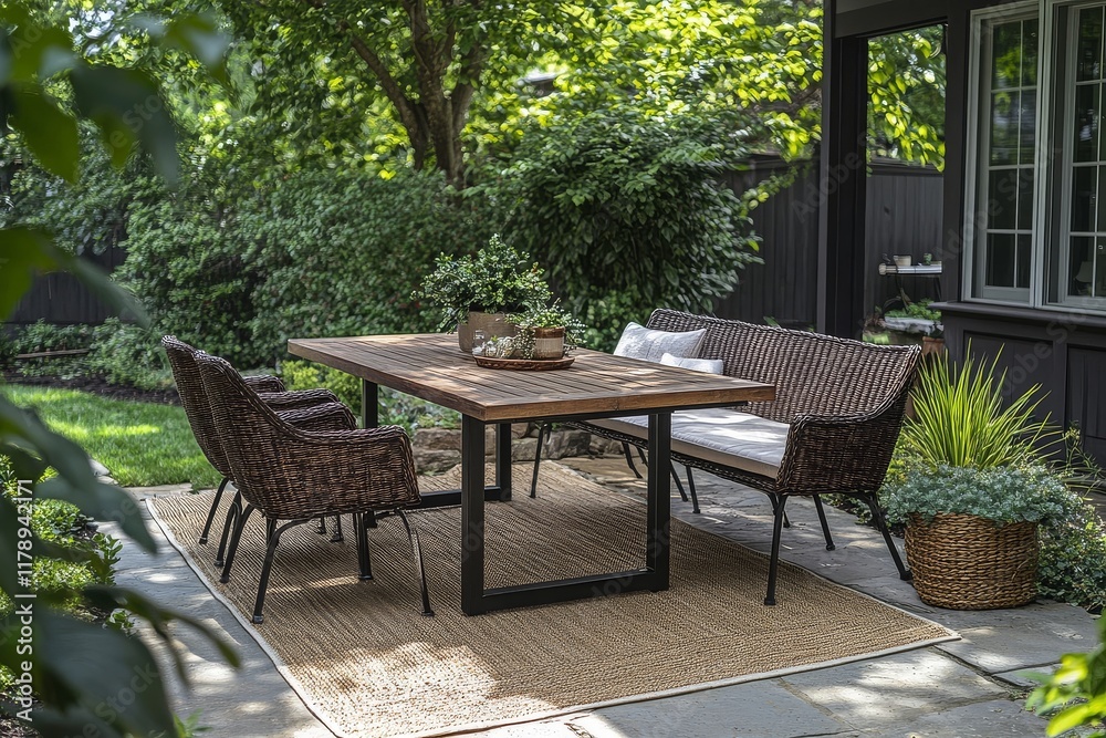 Elegant Outdoor Dining Set with Wooden Table, Black Metal Legs, Dark Brown Wicker Chairs and Bench on Beige Rug in Lush Backyard Elegant Outdoor Dining Set with Wooden Table, Black Metal Legs, Dark Brown Wicker Chairs and Bench on Beige Rug in Lush Backyard
