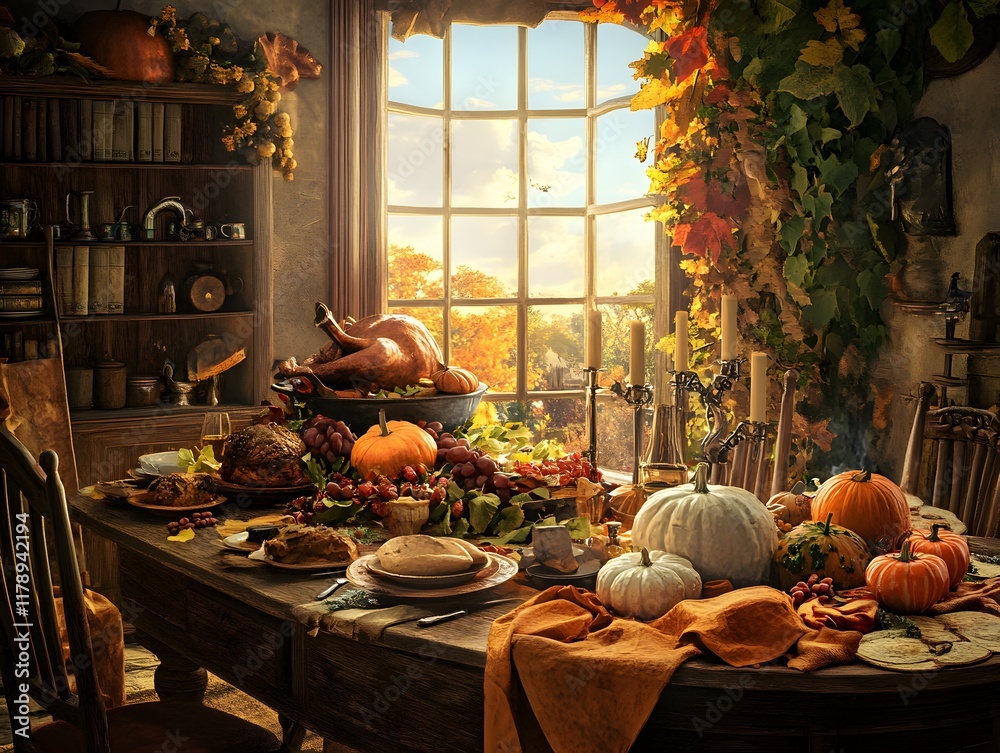 A festive autumn dining scene with a harvest table adorned with pumpkins and a turkey. A festive autumn dining scene with a harvest table adorned with pumpkins and a turkey.