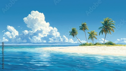Serene Tropical Island Getaway: A digital painting of a pristine beach, palm trees swaying gently under a vibrant blue sky, inviting you to escape to paradise.