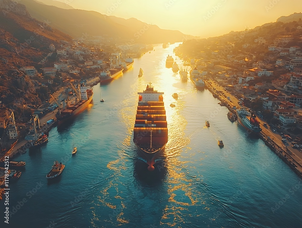 Fototapeta premium Bustling Harbor with Ships and Sailboats at Midday Sunshine