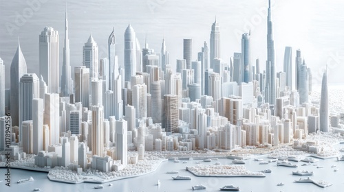 3D model of a city skyline, light beige and white structures, showcasing modern architectural design. photo