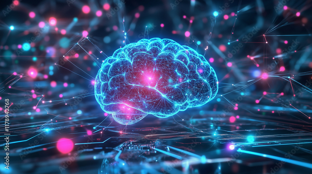 Digital brain with glowing neural connections and colorful data points on a dark background.Used for articles, presentations, web design and marketing materials related to digital technology, science Digital brain with glowing neural connections and colorful data points on a dark background.Used for articles, presentations, web design and marketing materials related to digital technology, science