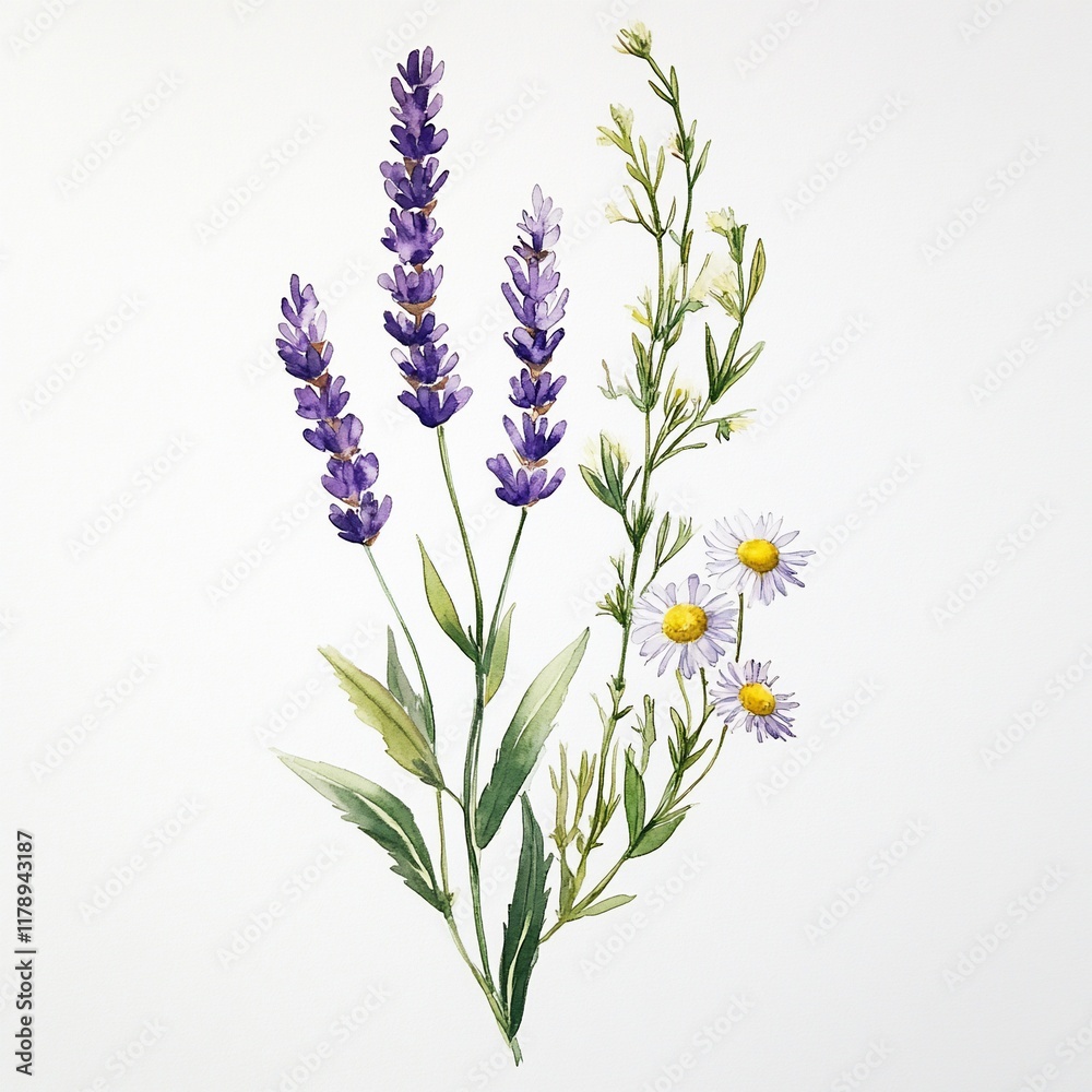 Obraz premium Watercolor Lavender and Wildflowers Illustration