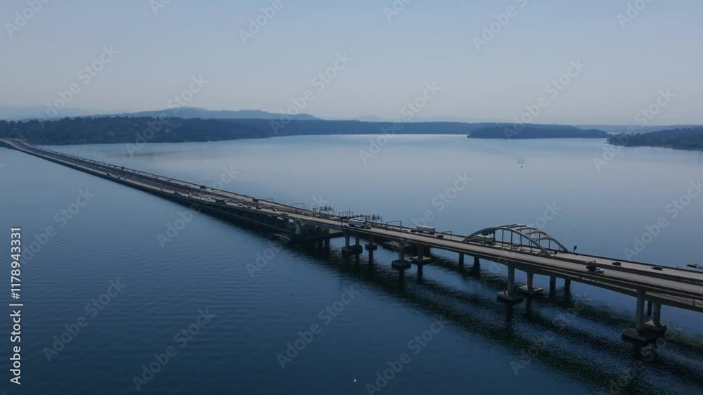 Aerial drone shot of traffic on floating long bridge over calm lake under clear sky in Italy. Aerial drone shot of traffic on floating long bridge over calm lake under clear sky in Italy.