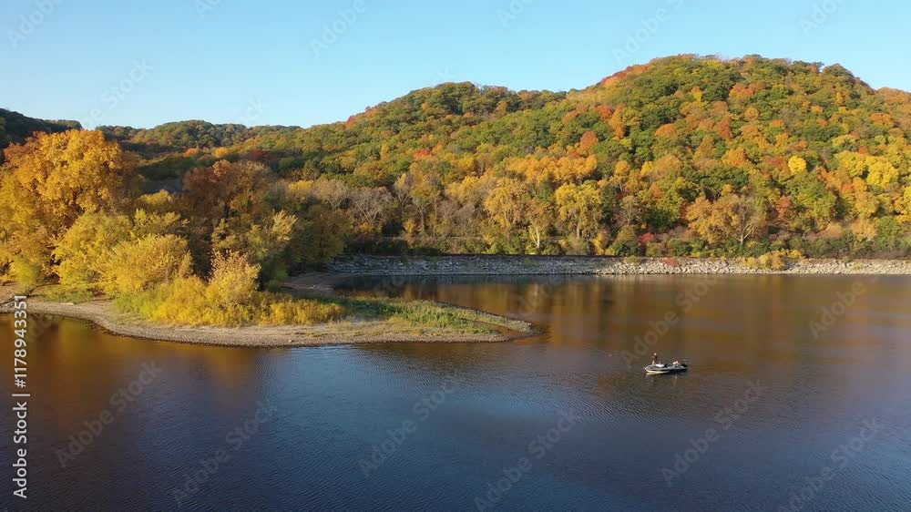 Scenic view of a calm Lake Como surrounded by vibrant autumn trees and forested hills, with a small boat floating peacefully on the water. Scenic view of a calm Lake Como surrounded by vibrant autumn trees and forested hills, with a small boat floating peacefully on the water.