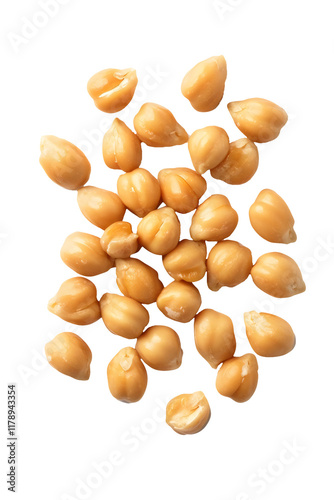 Realistic cutout of chickpeas falling and bouncing on transparent background, png element for healthy eating, veganism protein, food photography design