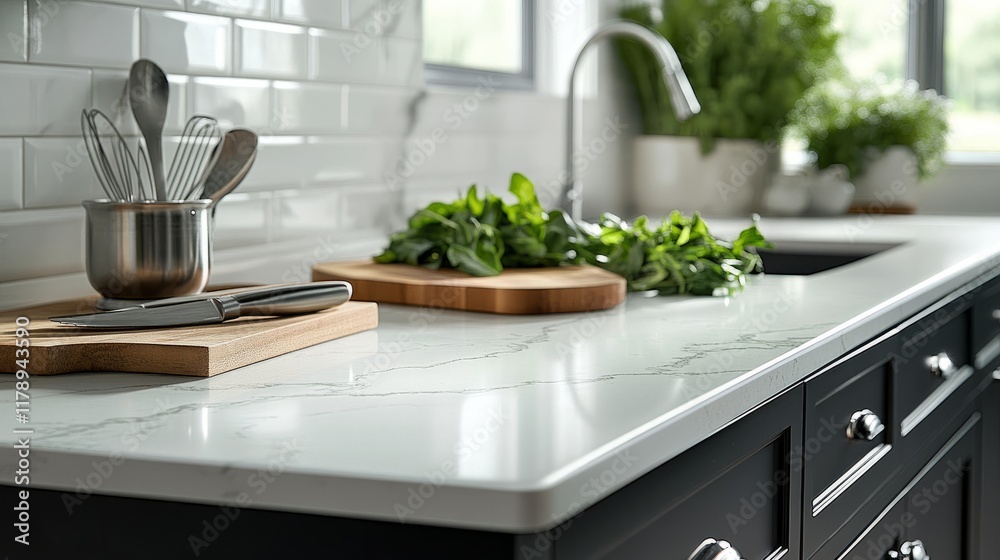 A clean kitchen countertop with cooking utensils, a cutting board, and fresh greens, emphasizing the theme of healthy home cooking and meal preparation. A clean kitchen countertop with cooking utensils, a cutting board, and fresh greens, emphasizing the theme of healthy home cooking and meal preparation.