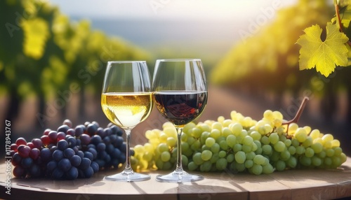 glasses of red and white wine and ripe grapes on table in vineyard, drink photo