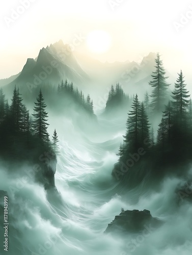 Misty mountain valley sunrise.