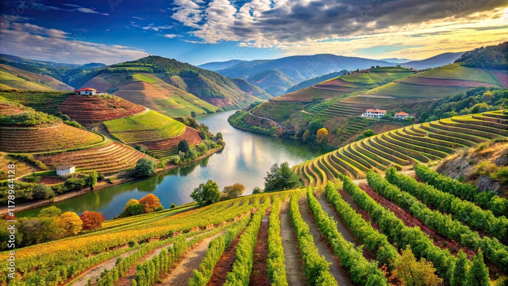 Naklejka premium Beautiful vineyard landscape in Douro valley, Portugal, vineyard, Douro valley, Portugal, wine, grapes, scenic, terrace