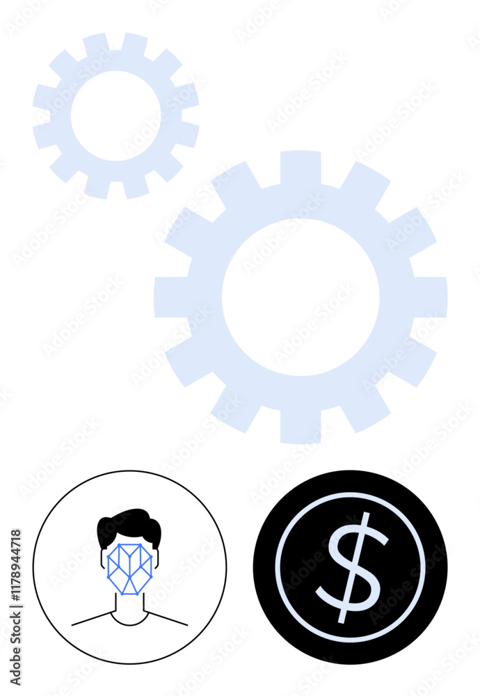 Gear symbols, face recognition graphic, and dollar sign icon represent artificial intelligence, finance, automation, and cybersecurity. Ideal for tech innovation, AI ethics, fintech business