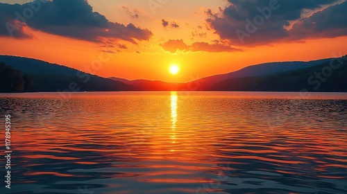 Fiery Sunset Over Calm Mountain Lake Water