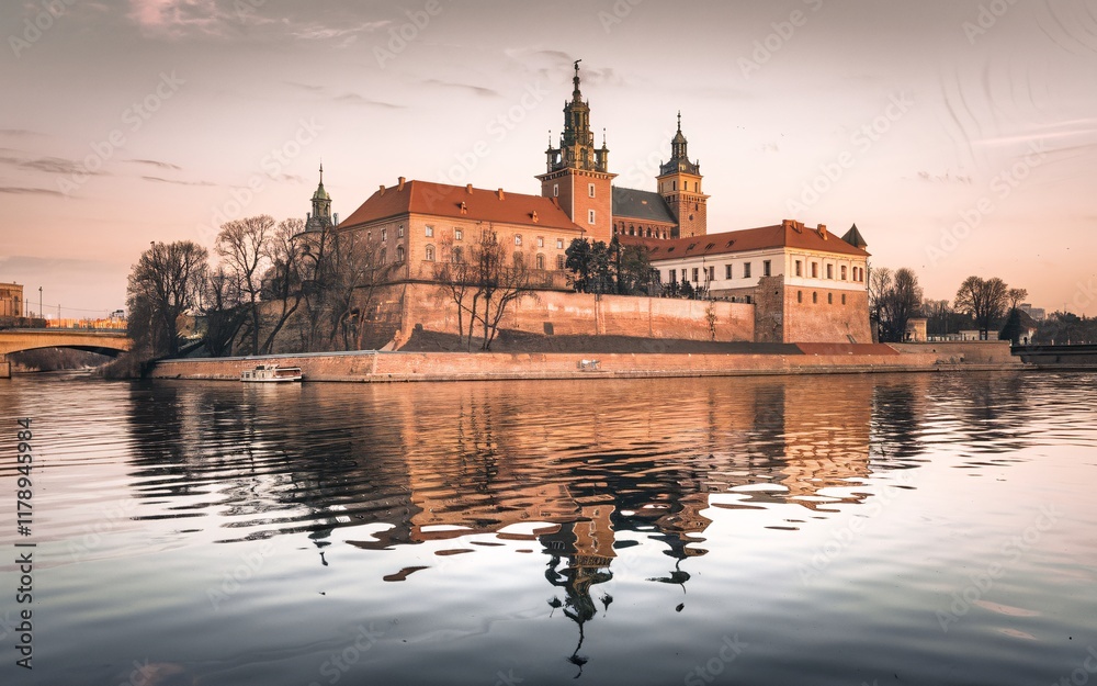Fototapeta premium Krakow's Wawel Castle, Poland Wawel Castle reflected in calm river at sunset.