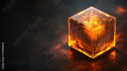 An intelligent ai assistant cube glowing on a sharp gradient of orange and gold