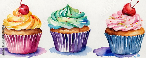 Colorful watercolor painting of four delicious cupcakes topped with swirls of frosting and cherries on a white background